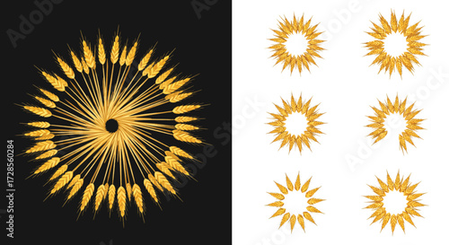 Golden wheat stalks radiate outwards in circular patterns against a dark backdrop, creating a sense of abundance and harvest season.