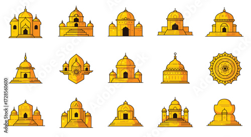 Golden domes representing various architectural styles stand against a white backdrop, showcasing intricate details and cultural heritage, creating an elegant and timeless aesthetic.