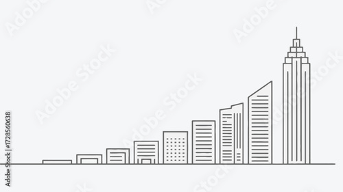 Stylized line art illustration of a growing cityscape with buildings increasing in height from left to right symbolizing progress and development