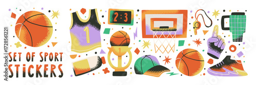 Basketball groovy flat set with retro hand drawn elements for tournament and game, ball, whistle. Dynamic sport illustration with hoop and net for playful design collection