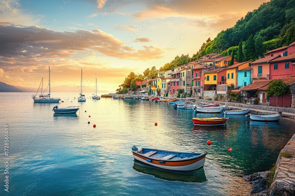 Fototapeta premium Picturesque coastal village harbor at golden sunset showcasing colorful houses and many boats along tranquil waterfront, idyllic european travel destination.