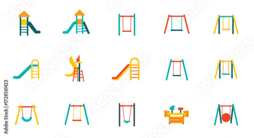 Playground equipment arranged on white offers colorful options for outdoor fun and childhood activities in a playful and inviting style.