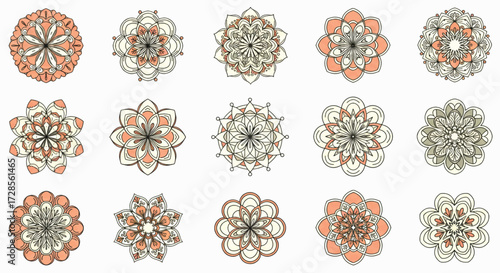 Collection of mandala patterns displayed on white surface showcasing intricate details and symmetrical shapes in neutral tones, creating a calming and artistic atmosphere.