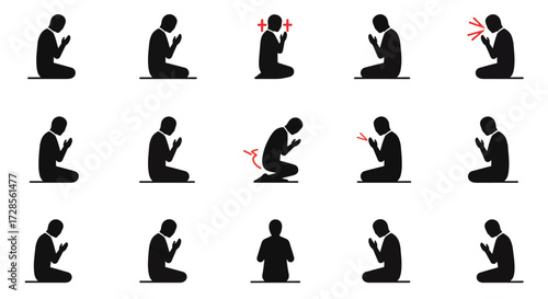 Silhouetted figure performing islamic prayer rituals in sequence on white backdrop demonstrating faith and devotion.