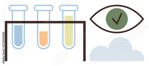 Three test tubes in a rack, a checkmarked eye, and a cloud highlight science, research, sustainability, and validation. Ideal for laboratory work, analysis, quality assurance ecology innovation