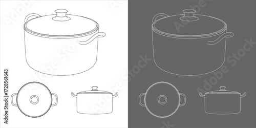 Cooking pot blueprint vector illustration — technical drawing kitchen cookware line art isolated