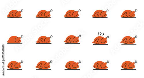 Roasted turkeys arranged neatly on white surface, one turkey steaming, depicting Thanksgiving feast with minimalist style.