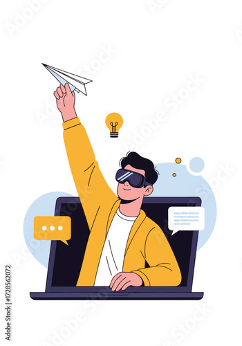 A young innovator in virtual reality glasses launches a paper airplane from his laptop.