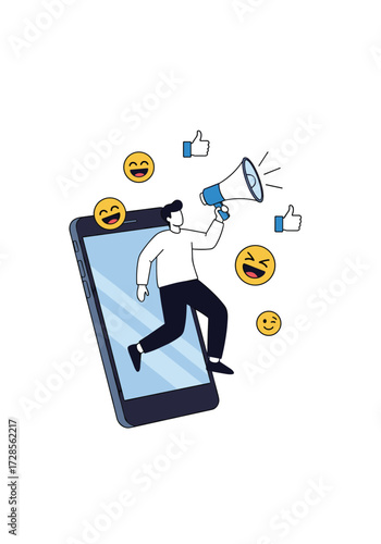 A person announces something through a megaphone emerging from a smartphone screen attracting likes and emojis.