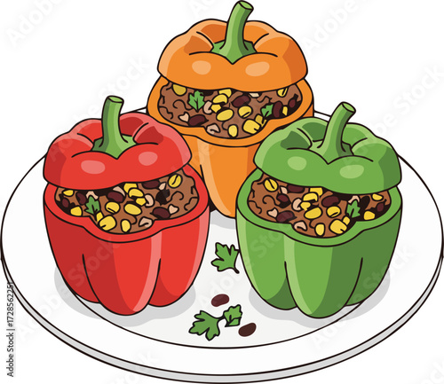 Cartoon Vector Illustration of Stuffed Bell Peppers with Rice and Beans on Plate