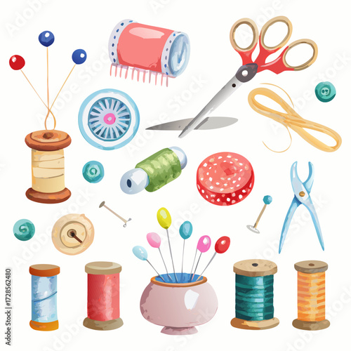 Watercolor Sewing Tools Clipart Set | Tailoring & Embroidery Illustration. Sewing supplies set. Knitting threads watercolor elements set.