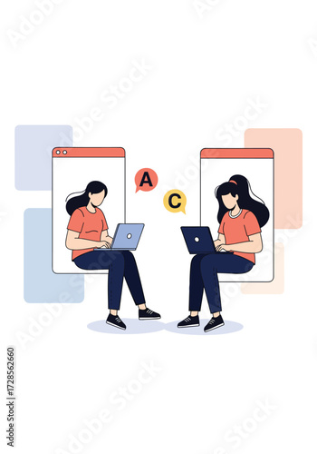 Two women collaborate on a project using laptops and communication bubbles.