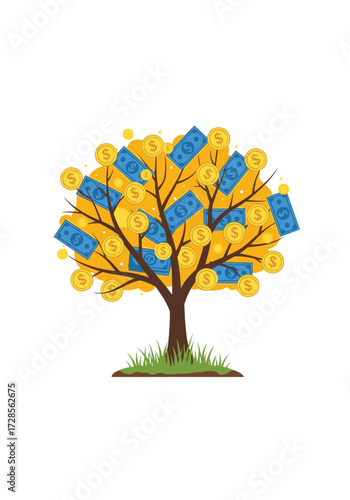 A vibrant illustration of a money tree laden with cash and coins symbolising financial growth.