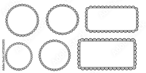 Scallop wavy frame set vector illustration isolated on white. Curvy circle, oval, rectangle shape form label.
