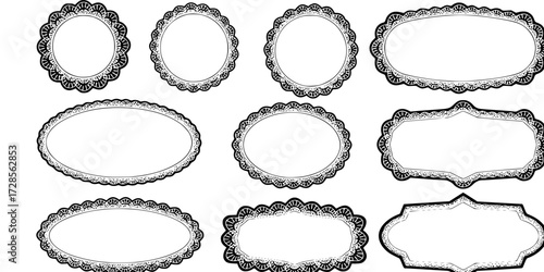 Scallop wavy frame set vector illustration isolated on white. Curvy circle, oval, rectangle shape form label.
