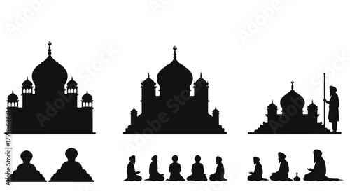 Silhouetted muslims pray in front of mosques, reflecting religious devotion and cultural tradition during a time of spiritual reflection and community connection.