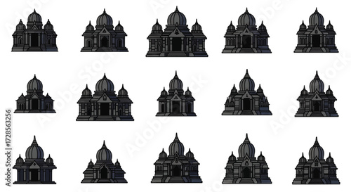 Dark gothic temples stand in rows against a white backdrop, showcasing architectural details and creating a mysterious, imposing atmosphere.