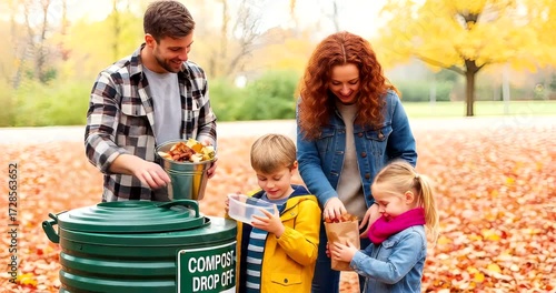 Family Composting Leaves in Autumn Park: Encouraging Eco-Friendly Practices and Togetherness