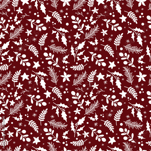 Christmas pattern with leaves and berries. Spruce branches.
