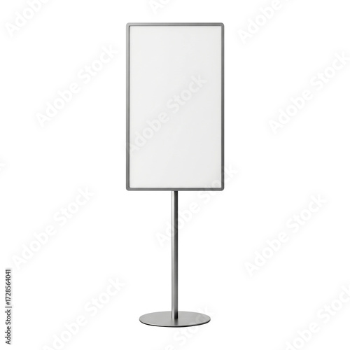 Modern freestanding signage holder featuring a clean blank vertical panel, ready for custom text or graphic mockups, isolated on a white background