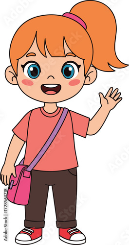 Cartoon girl waving hand, cute child character, happy schoolgirl with bag, smiling kid illustration, friendly pose, vector design for education