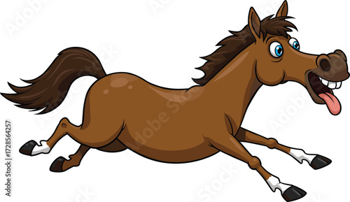 Cartoon horse running fast with funny face, cute farm animal illustration, livestock character design, agriculture mascot, equestrian artwork, playful drawing