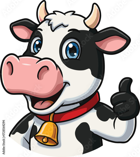 Cartoon illustration of happy cow character, cute dairy farm animal with bell collar, smiling mascot design, funny livestock, agriculture art