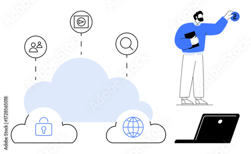 Digital cloud icons representing security, users, connectivity, communication. Person interacting with a digital element. Ideal for technology, innovation, remote work, secure data cloud services