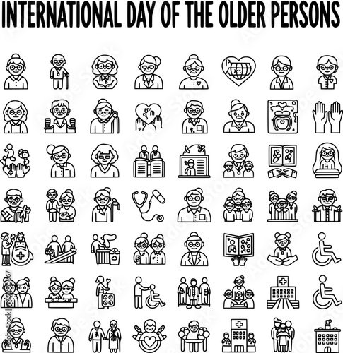 International Day of Older Persons Line Icons Set. Seniors, elder care, health, community, and aging vector symbols.