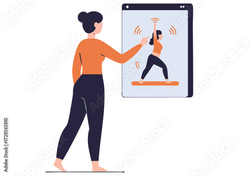 A woman guides a virtual yoga instructor via smartphone, showcasing a modern online yoga experience. Clean, minimalist design with a focus on digital wellness.