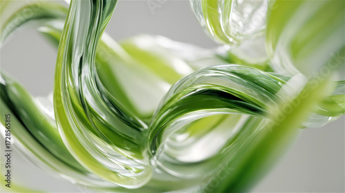 Green glass waves abstract background on neutral gray surface elegant flowing glossy shapes modern horizontal wallpaper minimalist design premium aesthetic eco concept luxurious reflective texture