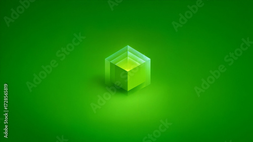 3D transparent green cube with glowing effect on smooth green background minimalistic geometric design modern digital art