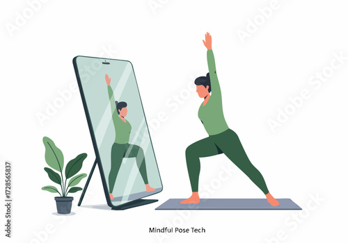 A woman practices mindful yoga through a phone screen, mirroring her pose. A modern, minimalist aesthetic with a plant adds a calming touch. Ideal for wellness and tech concepts.