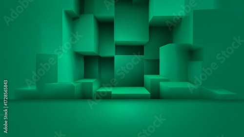 Green abstract 3D geometric cubes background, modern minimalistic horizontal wallpaper, depth shapes, futuristic digital design, seamless vibrant pattern