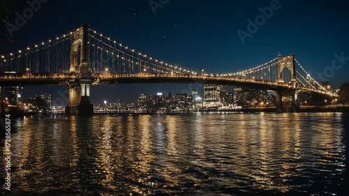 Night View of a City Bridge over Water.