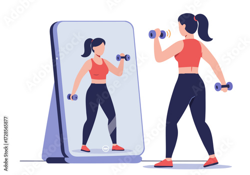 A woman performs dumbbell exercises in front of a smartphone mirror, showcasing a fitness reflection. Modern, active lifestyle illustration.
