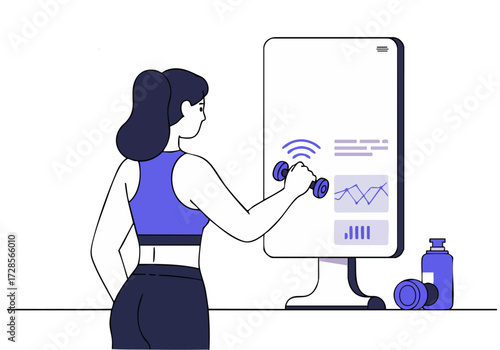 A woman uses a fitness app on her phone, holding dumbbells. An augmented reality display shows workout data. Modern, vibrant illustration. Optimizes fitness.