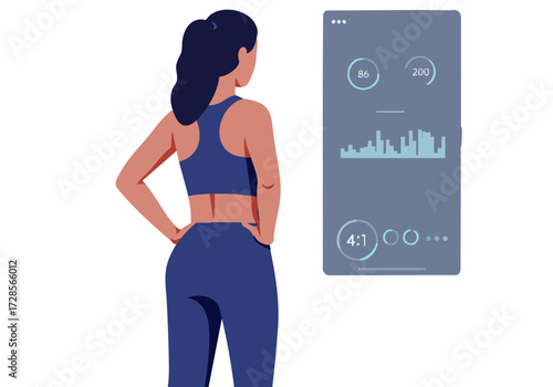 woman stands with her back to the camera viewing a smartphone displaying fitness data The image showcases a modern health-focused lifestyle with a clean digital aesthetic 