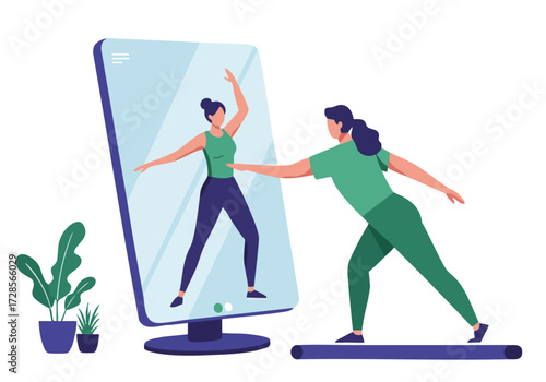 A woman uses a digital mirror app for posing guidance. A trainer assists her, creating a modern, tech-focused fitness scene. Bright, clean, and inviting.