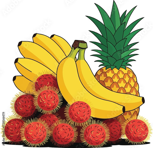 A vibrant assortment of tropical fruits including bananas, rambutan, and a pineapple.
