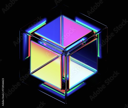 Abstract iridescent cube on black background, 3d render