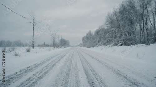 Snowy Road Scene - A Winter Landscape with Trees and Tracks.