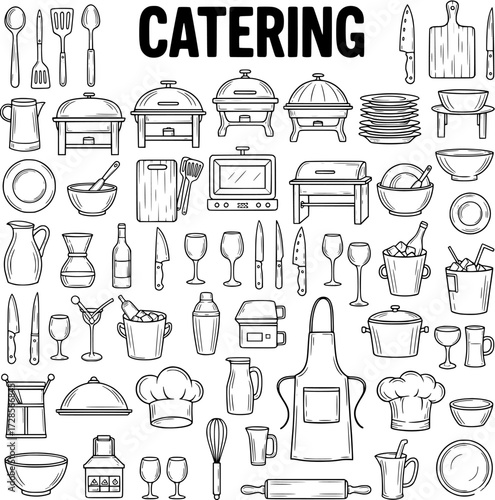 Catering and Kitchen Equipment Doodle Set: Hand-Drawn Line Art Collection of Food Service Tools, Utensils, Dishes, and Chef Accessories