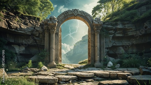 Fallen gate of Elysium where spirits gather, cracked but still radiating peace