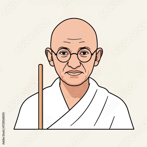 Illustration of Mahatma Gandhi with glasses and a walking stick.