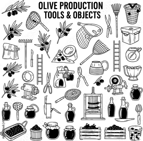 Olive Production Tools and Objects: Harvesting, Processing, and Farming Equipment Collection