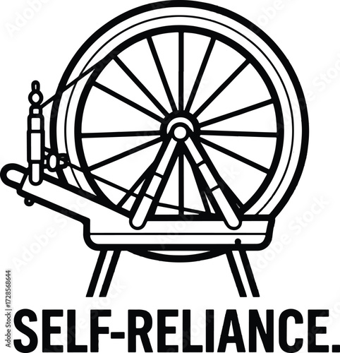 Black and white illustration of a spinning wheel, symbolizing self-reliance and independence.