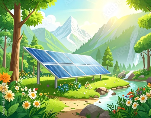 Solar panel in a serene mountain landscape
