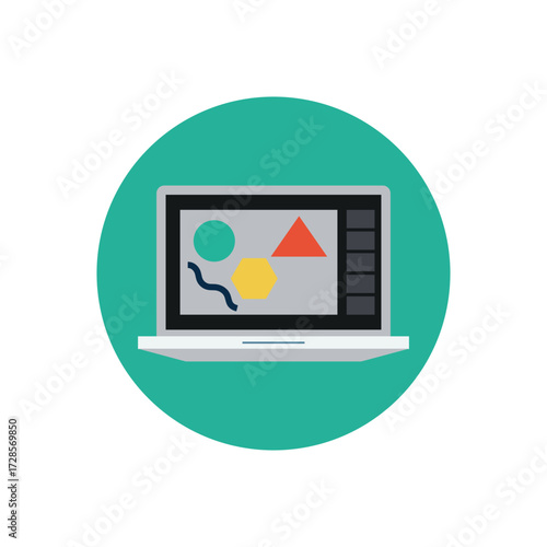 Flat vector illustration of a laptop displaying graphic design software with geometric shapes, representing digital design and creativity.