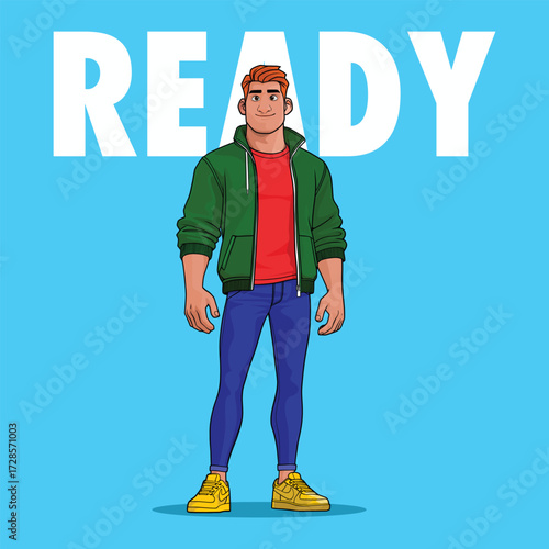 Stylized cartoon character illustration of a confident young man in casual outfit with jacket, jeans, and sneakers, standing with READY text background. Modern vector design for animation or branding